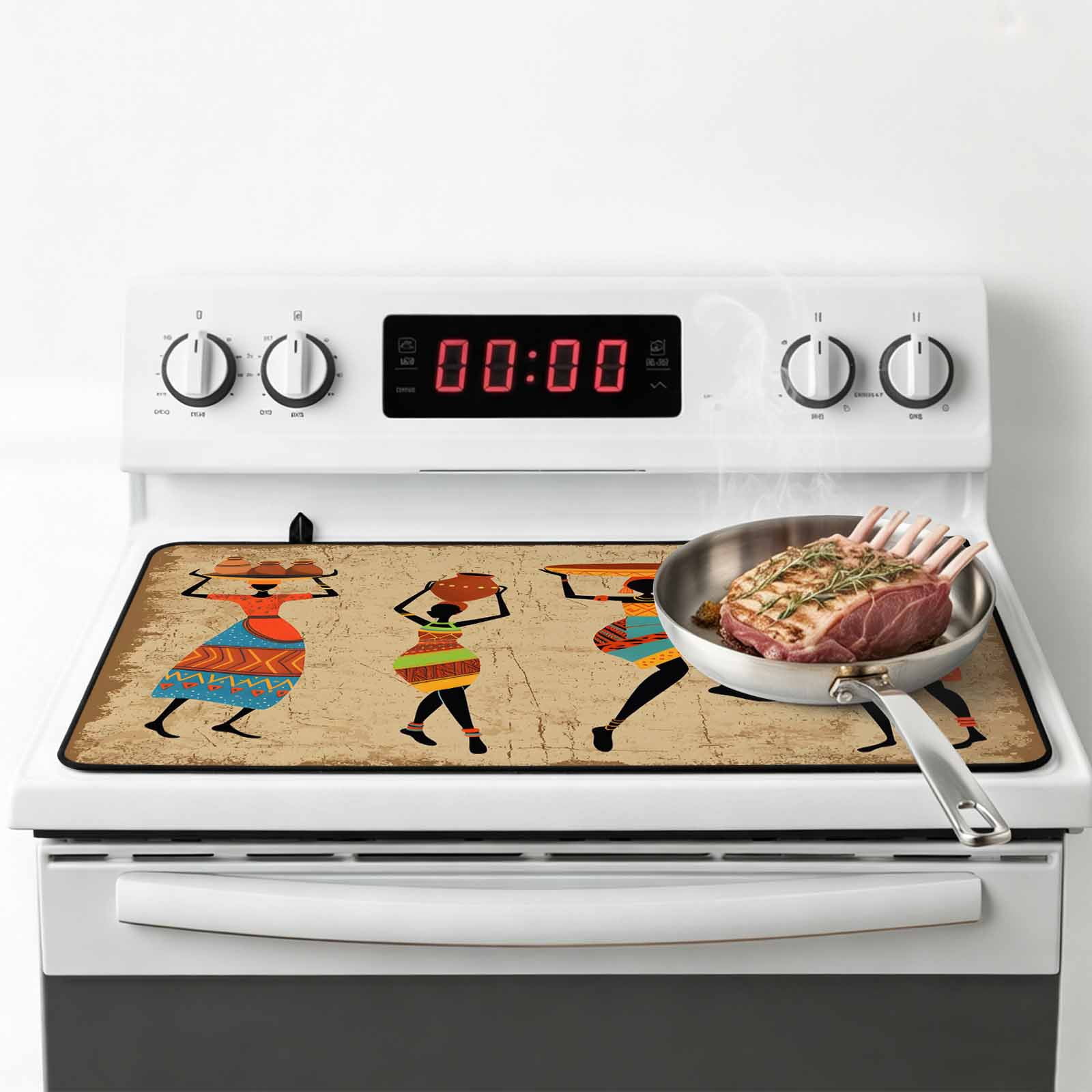 Brown Boho Stove Top Cover for Electric Stove, Heat-proof & Non Slip Glass Top Stove Cover Protector, Farmhouse Vintage Ethnic African Women Kitchen Flat Cooktop Rubber Mat 24x21 Inches