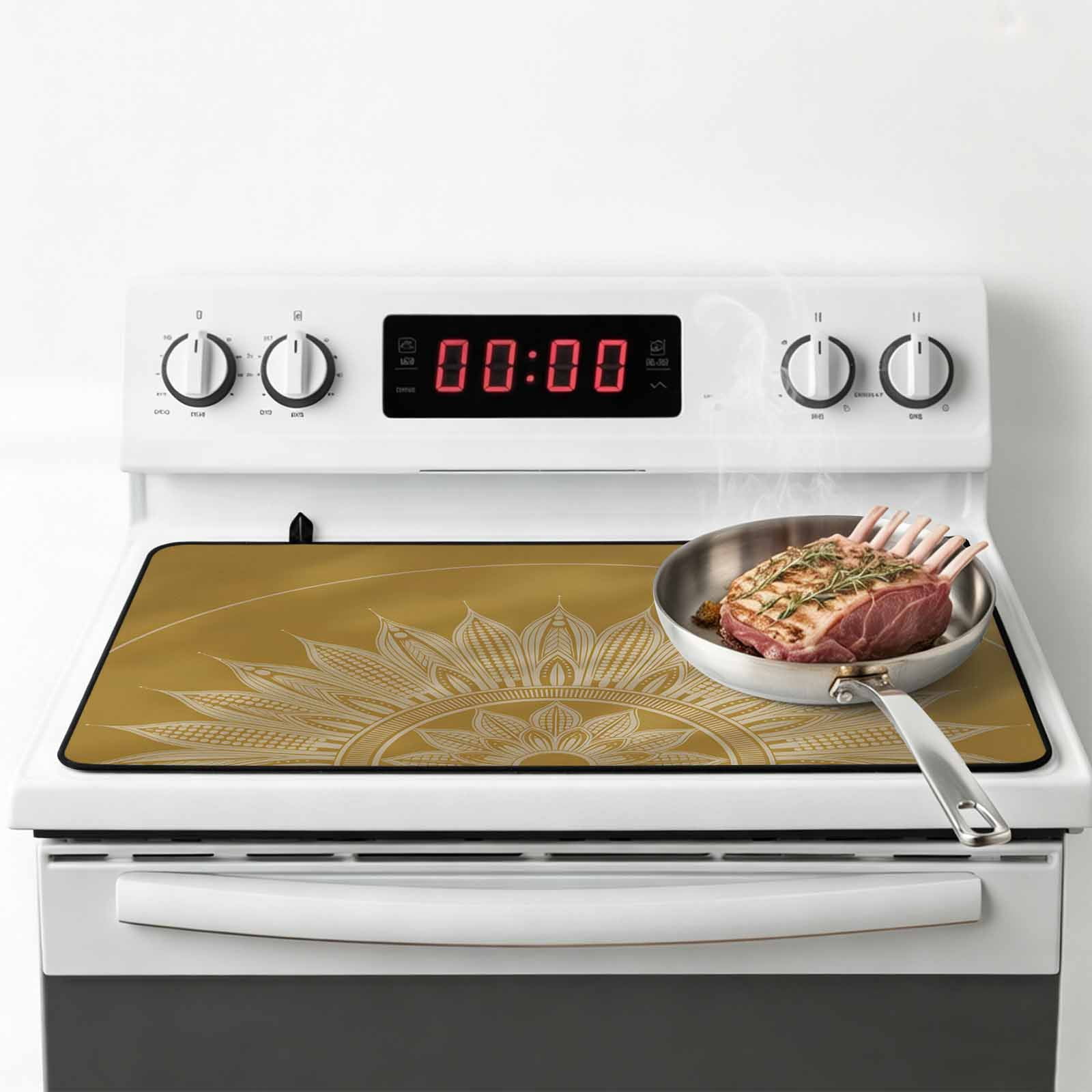 Brown Boho Stove Top Cover for Electric Stove, Heat-proof & Non Slip Glass Top Stove Cover Protector, Middle Century Abstract Floral Ethnic Art Kitchen Flat Cooktop Rubber Mat 24x21 Inches