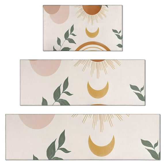 Brown Boho Sun, Moon and Plant Pattern Kitchen Rugs Sets Of 3,Kitchen Runner Rugs Non Skid Washable,Decorative Kitchen Floor Mats for Kitchen,Sink,Laundry,17"x30"+ 17"x47" + 17"x59"