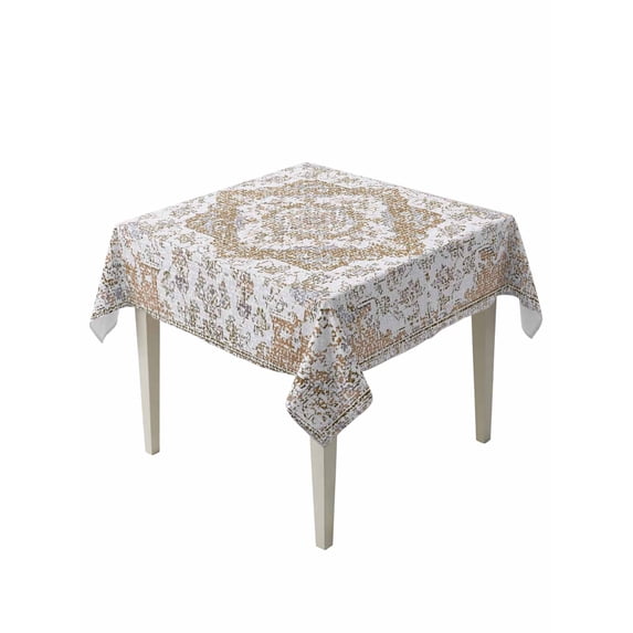 Brown Boho Suqare Tablecloth - 60 x 60 Inch, Vintage Abstract Art Floral Ethnic Tribe Waterproof & StainResistant Tablecloth, Washable Oil-proof Table Cover for Dining/Party/Wedding/Camping/Buffet