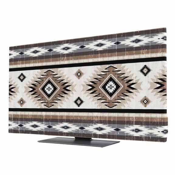 Brown Boho TV Cover for 24 Inch Screen,Stretch Fabric Dustproof TV Display Protector,Southwestern Ethnic Aztec Retro Geometric Elastic Slipcover Monitor Cover for Indoor Desktop Computer 20.9"x11.8"