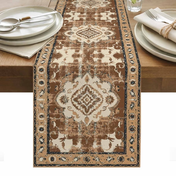Brown Boho Table Runner - 70 Inch Long, Kitchen Dining Table Runner Dresser Scarves, Retro Western Rustic Ethnic Tribal Patterns Farmhouse Decor for Coffee Tables Wedding Party Banquet