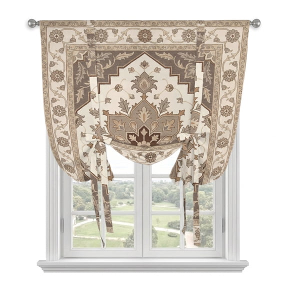 Brown Boho Tie Up Balloon Window Curtain 42W x 63L Inch, Baroque Texture Geometric Abstract Vintage Nordic Style Rod Pocket Adjustable Tie Up Curtains Small Kitchen Sink Curtains for Cafe Bedroom
