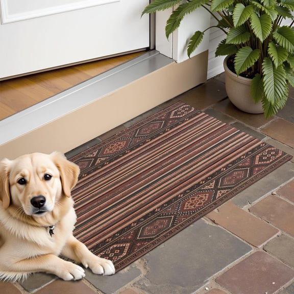 Brown Boho Tribal Hexagons and Stripes Pattern Door Rugs,Washable Non Slip Door Mats Indoor,Decorative Door Mats,Entry Mat Indoor for Entrance,Bedroom,Kitchen,Bathroom,16"x24"