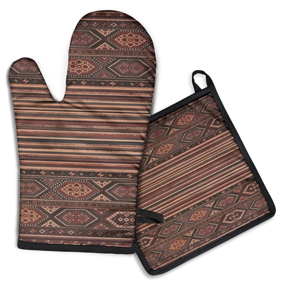 Brown Boho Tribal Hexagons and Stripes Pattern Kitchen Oven Mitt and Pot Holder Sets 2 Pcs for Baking, Cooking and Grilling, Heat Resistant Up To 392 °F