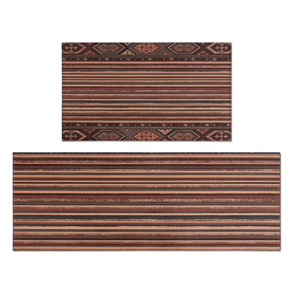 Brown Boho Tribal Hexagons and Stripes Pattern Kitchen Rugs Sets Of 2,Anti Fatigue Kitchen Mat Rugs Non Slip Washable,Decorative Kitchen Floor Mats for Kitchen,Sink,Laundry,17"x30"+17"x47"
