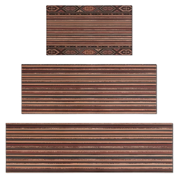 Brown Boho Tribal Hexagons and Stripes Pattern Kitchen Rugs Sets Of 3,Kitchen Runner Rugs Non Skid Washable,Decorative Kitchen Floor Mats for Kitchen,Sink,Laundry,17"x30"+ 17"x47" + 17"x59"