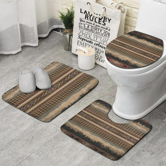 Brown Boho Tribal Trees and Diamonds Pattern Bathroom Rugs Sets 3 Piece,Toilet Cover Set,Absorbent Non Slip Bathroom Mats Sets with U-Shaped Contour Rug Toilet Rug Set