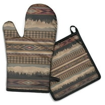 Brown Boho Tribal Trees and Diamonds Pattern Kitchen Oven Mitt and Pot Holder Sets 2 Pcs for Baking, Cooking and Grilling, Heat Resistant Up To 392 °F