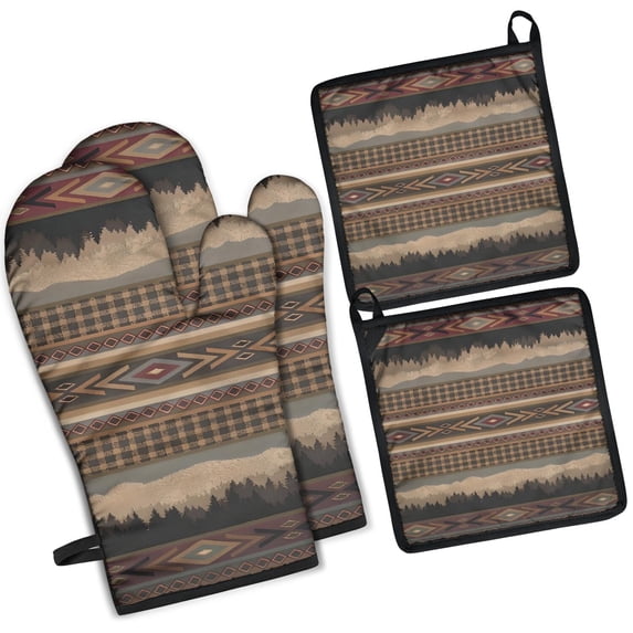 Brown Boho Tribal Trees and Diamonds Pattern Kitchen Oven Mitt and Pot Holder Sets 4 Pcs for Baking, Cooking and Grilling, Heat Resistant Up To 392 °F