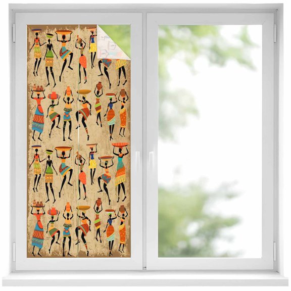 Brown Boho Window Privacy Film, Farmhouse Vintage Ethnic African Women Static Cling UV Sun Blocking Heat Control Window Tint Day and Night, Non-Adhesive One Way Windows Privacy Cover 19.6''x39.3''