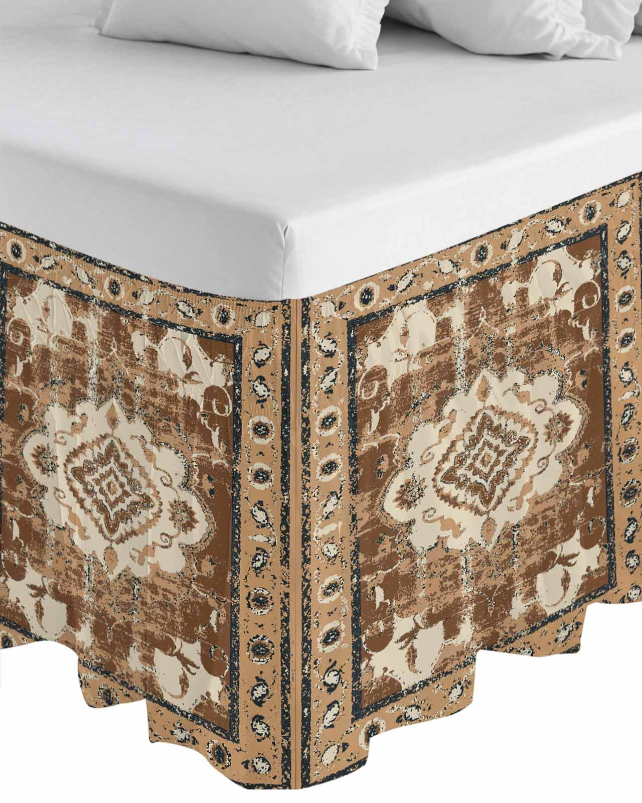 Brown Boho Wrap Around Bed Skirts for Queen Bed 16" Drop,Bed Skirt with Adjustable Elastic Belt Dust Ruffle Bed Valance for Bedroom Hotel Retro Western Rustic Ethnic Tribal Patterns Bed Frame Cover