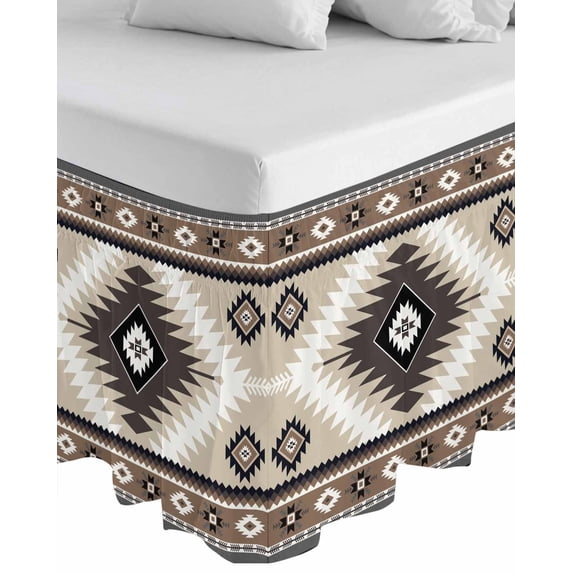 Brown Boho Wrap Around Bed Skirts for Queen Bed 16" Drop,Bed Skirt with Adjustable Elastic Belt Dust Ruffle Bed Valance for Bedroom Hotel Vintage Rustic Southwest Aztec Geometric Bed Frame Cover