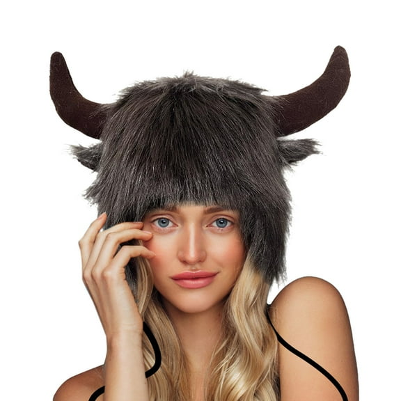 Brown Bomber Hats Buffalo Hat with Horns Furry Earmuff Winter Hats Buffalo Face Fluffy Ear Headwear Earflap Hat Bomber Hats