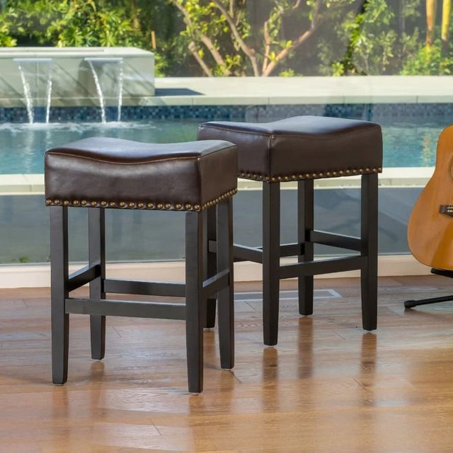 Brown Bonded Leather Counter Stools Set of 2, 26.75 Inch Kitchen Bar