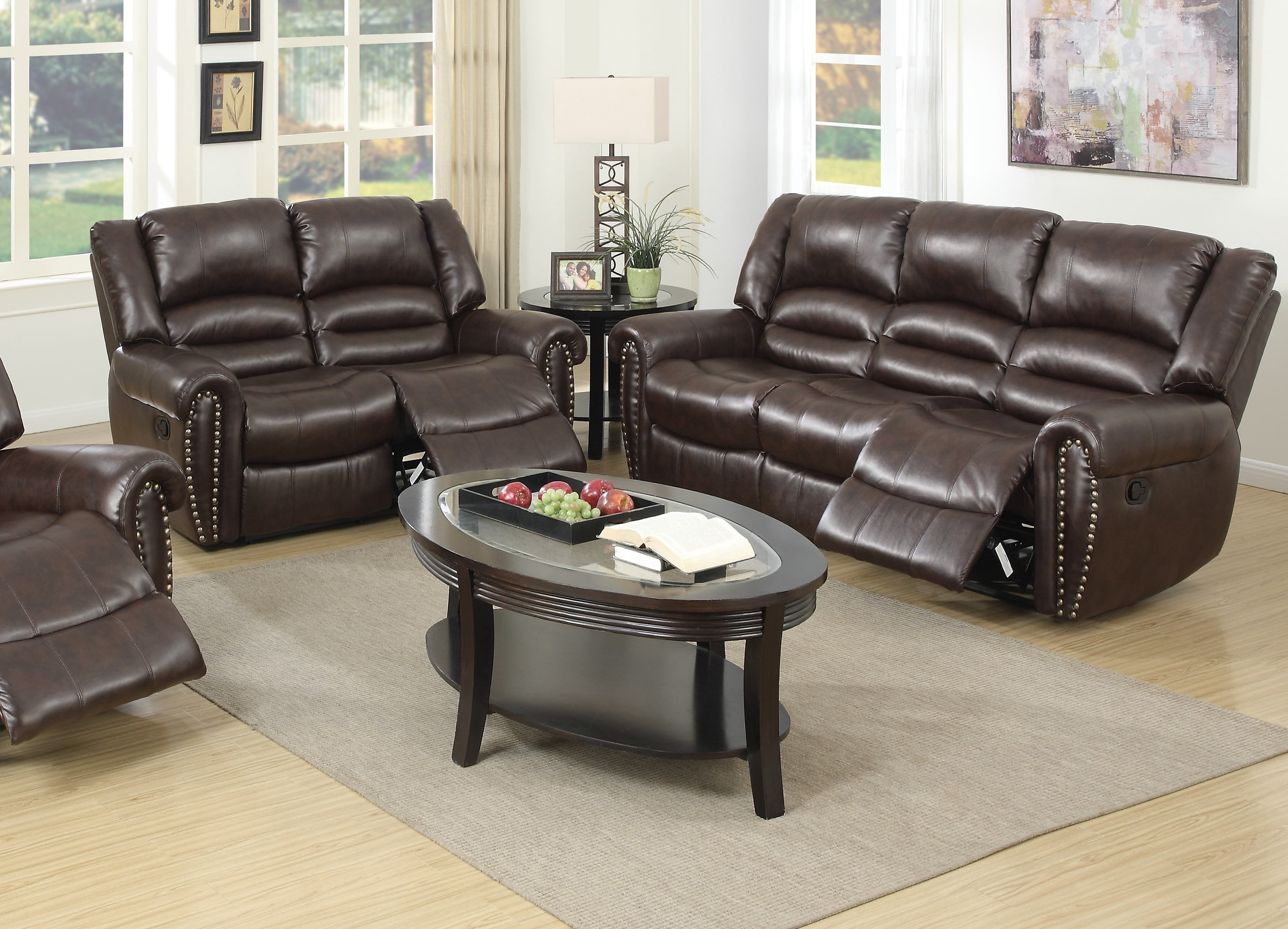 Brown Bonded Leather Couch & Loveseat Set, Living Room Reclining
