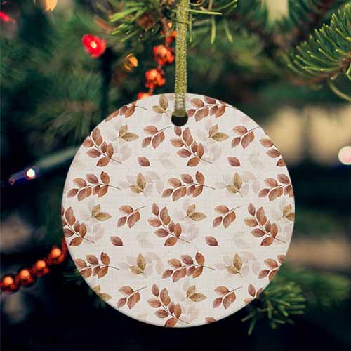 Brown Botanical Fall Ceramic Ornaments, Pastoral Maple Leaf Autumn Rustic Round Porcelain Hanging Ornaments with Gold String, Xmas Decorations Keepsake Gifts for Holiday Home Party 3''