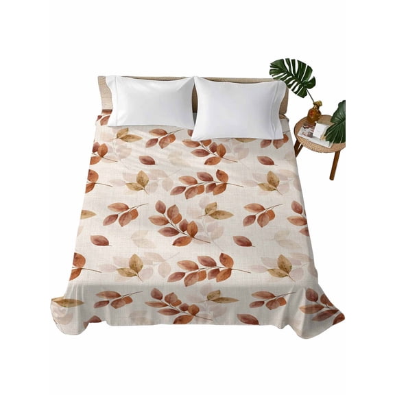 Brown Botanical Fall Flat Sheet Only Twin Size, Soft Breathable Bed Top Sheets for Mattress, Pastoral Maple Leaf Autumn Rustic Luxury Bedding Flat Sheets for Home Hotel Bedroom Bed Protection