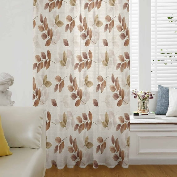 Brown Botanical Fall Semi Sheer Curtains Drapes for Living Room, Bedroom, French Doors Window 45 Inches Long, Pastoral Maple Leaf Autumn Rustic Rod Pocket Chiffon Curtain Drapery Voile Drape Panel