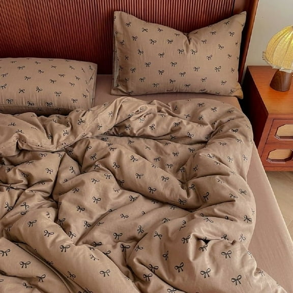 Brown Bow Duvet Cover Bows Bowknot Print Kawaii Bedding Set Kids Girls Cute Black Bow Tie Microfiber Comforter Cover with Zipper Closure King Size