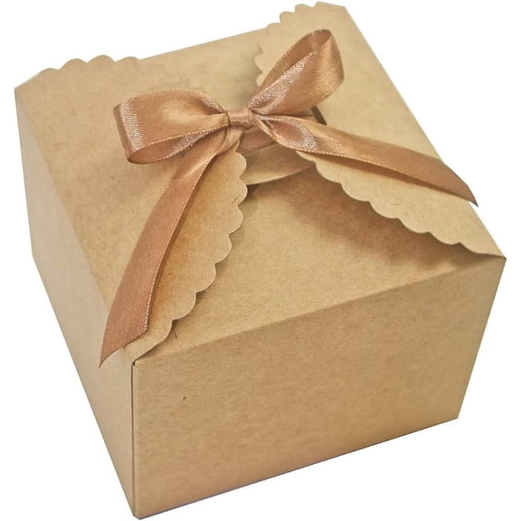 Brown Box for Presents, 10 Pack Small Empty Kraft Paper Gift Boxes with Ribbon For Packaging Candy, Cookie, Chocolate, Craft, Candle, Small Gifts, 4.75 x 4.75 x 3.53