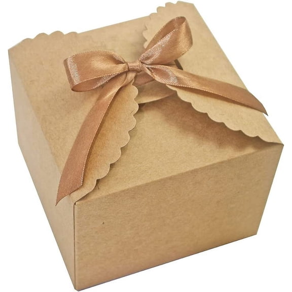 Brown Box for Presents, 10 Pack Small Empty Kraft Paper Gift Boxes with Ribbon For Packaging Candy, Cookie, Chocolate, Craft, Candle, Small Gifts, 4.75” x 4.75” x 3.53”