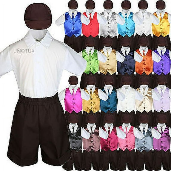 Brown Boy Toddler Formal Vest Shorts Suit Satin Vest Necktie Hat 5PC Set sz S-4T