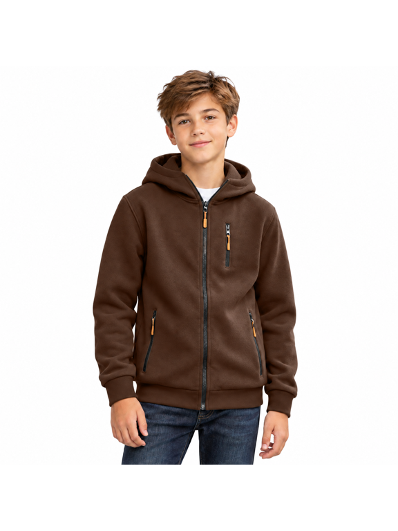 Brown Boys Fleece Lined Hoodie with Zipper Pockets Size 4-5 Years,Full Zip Up Sweatshirt,Outdoor Athletic Jacket for Hiking Camping Daily Work,Kids Fall Winter Clothes