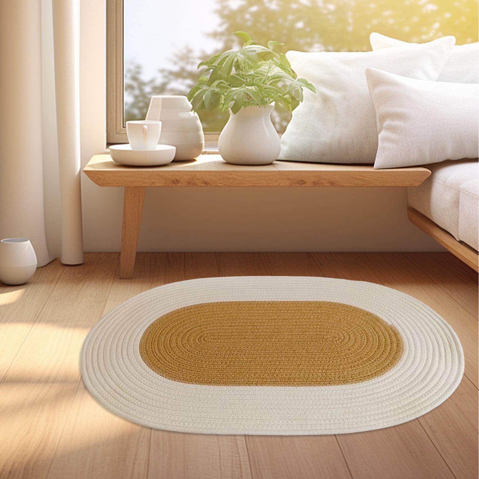 Brown Braided Oval Rug 27.55x15.74in, Beautifully Braided Jute Entry