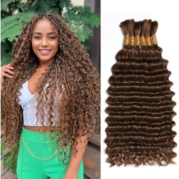 Brown Braiding Hair 150g 14 Inch 6 /Pack Boho Curls Human Hair Extensions Boho Hair for Braiding Boho Braids Human Hair Deep Wave Human Braiding Hair Color 4#