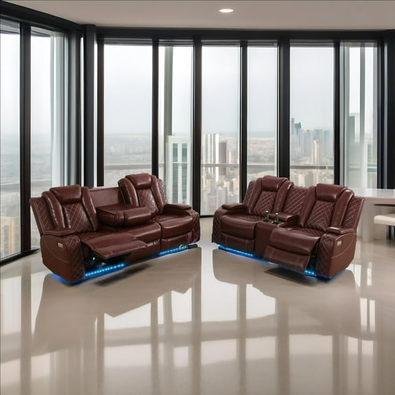 Brown Breathing Leather 2-Piece Living Room Recliner Sofa Set