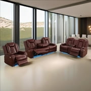 Brown Breathing Leather 3-Piece Living Room Recliner Sofa Set