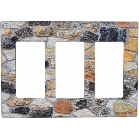 Brown Brick Stone Printed Garden Switch Cover, 3 Gang Triple Rocker/GFCI Wall Plate for Kitchen