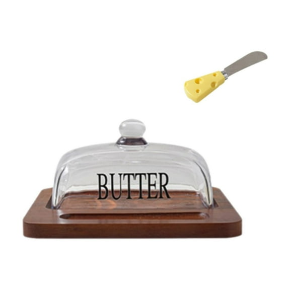 Brown Brown Glass Butter Dish With Wooden Tray And Spreader Knife For Kitchen Countertop Storage 7.72 X 7.48 Inches