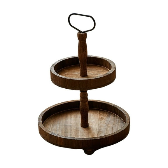 Brown Brown Two-Tier Wooden Serving Tray With Handles For Desserts Fruits And Holiday Decor 18.11X12.99In