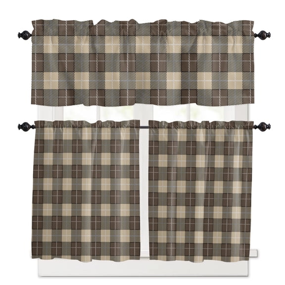 Brown Buffalo Kitchen Curtains Valances and Tiers Set of 3, 36 Inch Length Tier Curtains and Valance Rod Pocket Valance Curtains Set for Kitchen Bathroom Small Windows