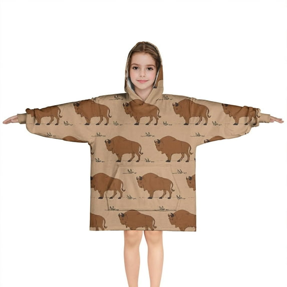 Brown Buffalo Pattern Blanket Hoodies for Kids 6-13YR Oversize Wearable Blanket Hoodies for Boys Girls Teens