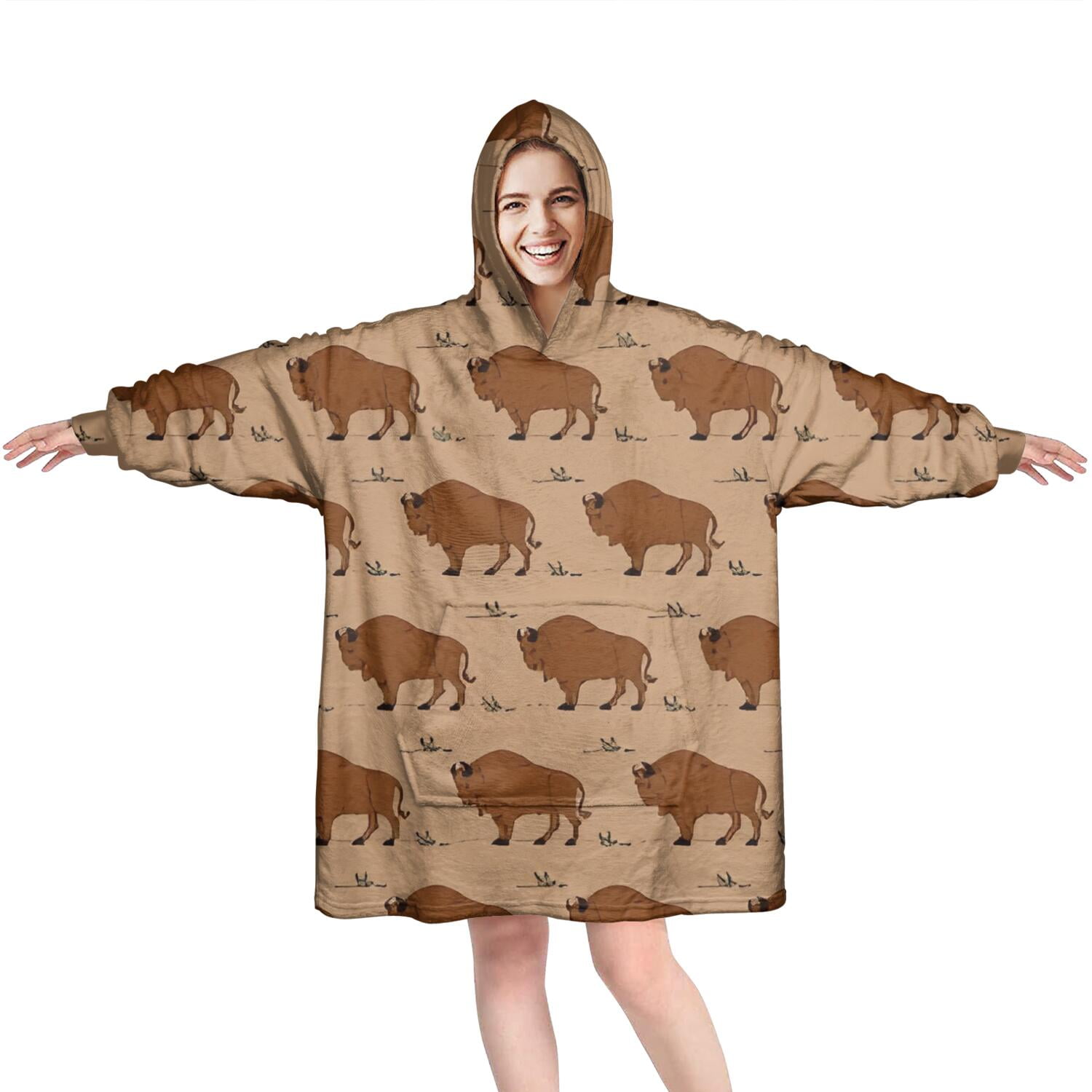 Brown Buffalo Pattern Wearable Oversized Blanket,Wearable Blanket Hoodie for Adults,Cozy Hooded Blankets with Super Pockets,Super Warm Fuzzy Pullover for Women & Men