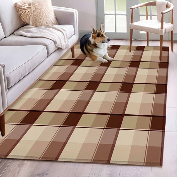 Brown Buffalo Plaid Area Rugs 4x6 ft Geometric Check Abstract Line Gradient Washable Rug Non Slip Indoor Carpet Absorbent Floor Mat for Living Room Bedroom Dining Room