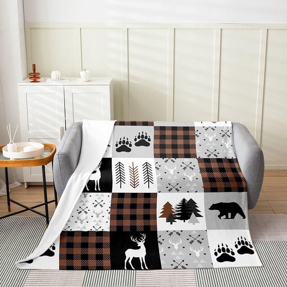 Patchwork Brown Buffalo Plaid Bear Deer Tree Patchwork Throw Blanket Rustic ...
