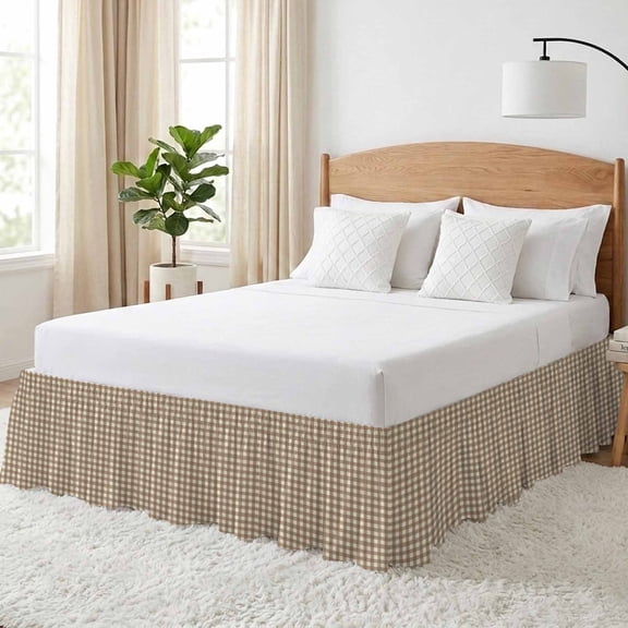 Brown Buffalo Plaid Bed Skirt Queen Size 18 Inch Drop, Minimalist Gingham Check Retro Linen Texture Adjustable Elastic Dust Ruffles Bedskirt for Queen Bed Wrap Around Pleated Mattress Frame Cover