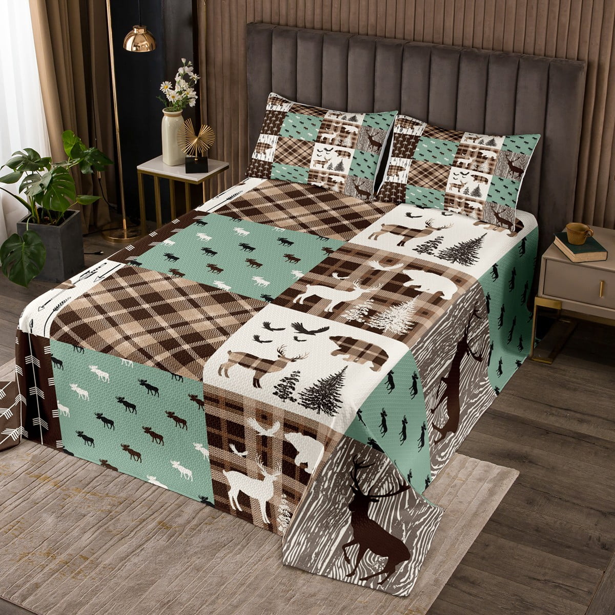 Brown Buffalo Plaid Bedspread Set for Boys Girls,Woodland Bear Moose