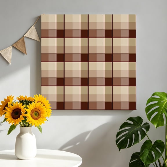 Brown Buffalo Plaid Canvas Wall Art, Geometric Check Abstract Line Gradient Framed Canvas Wall Decor Picture Print Artwork Decorations for Living Room Office Ready to Hang 8" x 8"