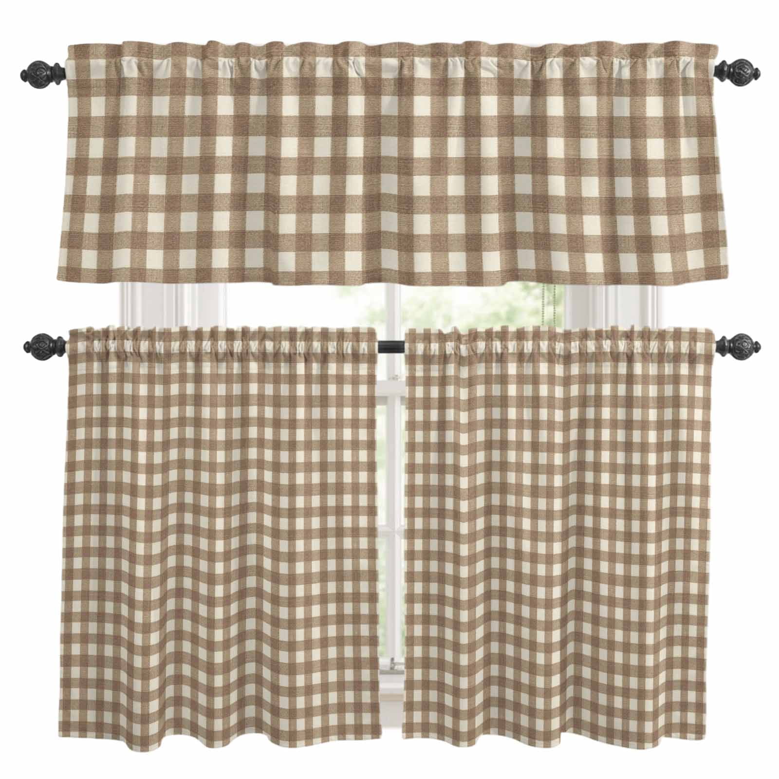 Brown Buffalo Plaid Kitchen Curtains Valances 3 Piece Set, Minimalist ...
