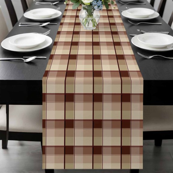 Brown Buffalo Plaid Table Runner, Geometric Check Abstract Line Gradient Washable Cotton-linen Table Runners Dining Kitchen Decoration for Everyday Home Wedding Party Decor, 13 x 90 Inch