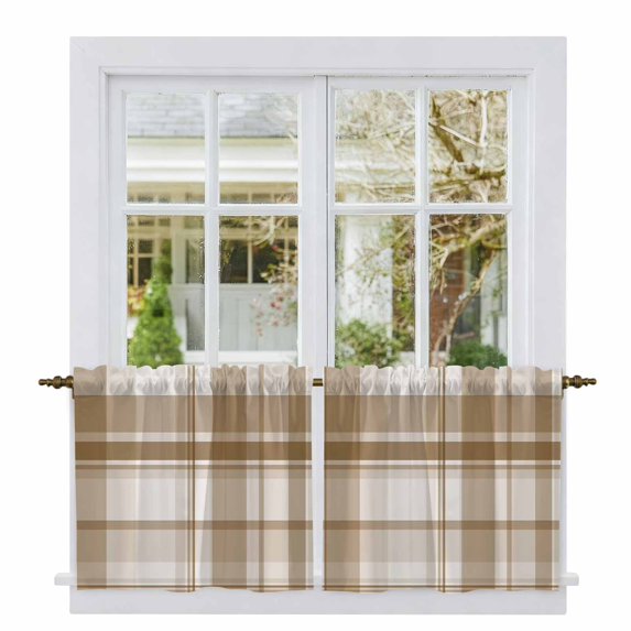 Brown Buffalo Plaid Tier Curtains 36 Inch Length, Geometric Modern Farmhouse Cafe Short Curtains for Bathroom Over Sink, Small Kitchen Curtain Light Filtering Tiered Drapes 2 Panels 27.5"Wx36"L