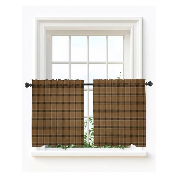 Brown Buffalo Plaid Tier Curtains 36 Inch Length,Sheer Curtains for Bedroom Living Room Window Vintage Classic Striped Gingham Rod Pocket Drapes Kitchen Curtains Small Half Window 27.5"x36" 2 Panels