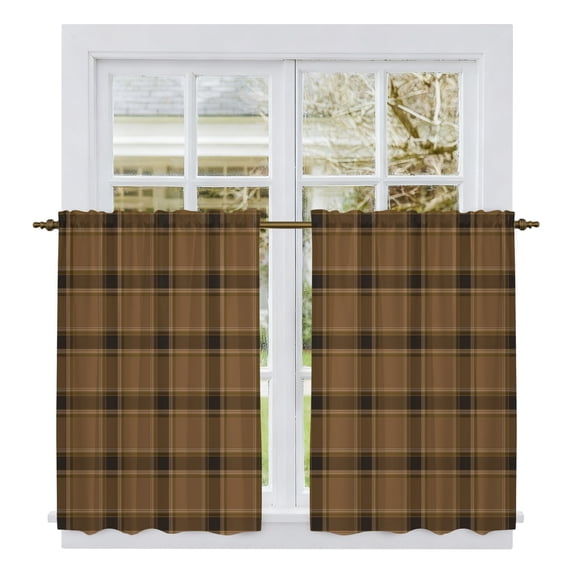 Brown Buffalo Plaid Tier Curtains 54 Inch Length, Vintage Classic Striped Gingham Cafe Short Curtains for Bathroom Over Sink, Small Kitchen Curtain Light Filtering Tiered Drapes 2 Panels 27.5"Wx54"L