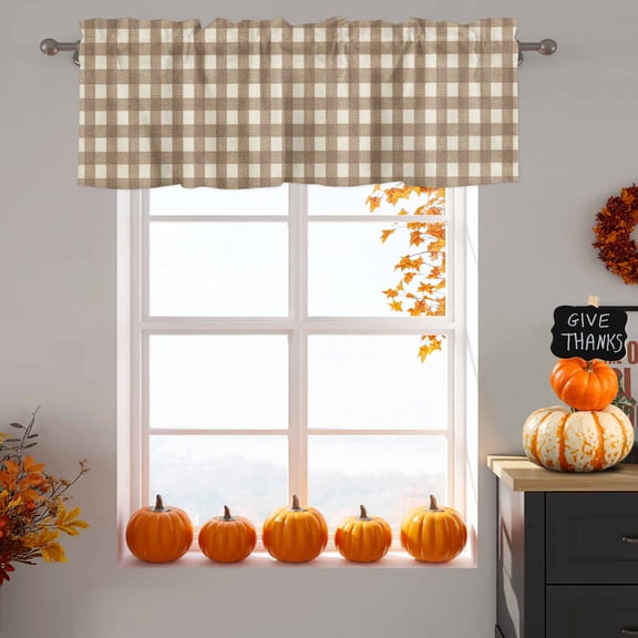 Brown Buffalo Plaid Window Valance for Kitchen, Minimalist Gingham Check Retro Linen Texture Rod Pocket Short Curtains for Bathroom Bedroom Window, Light Filtering Decorative Valances 42x12 Inch