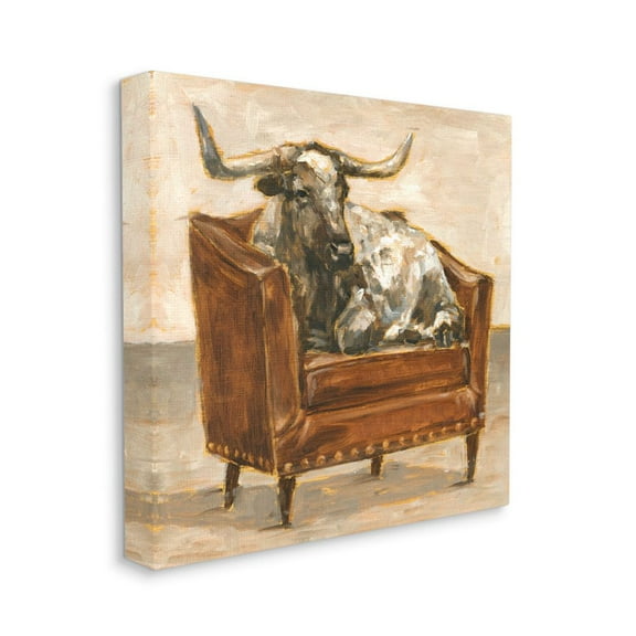 Brown Bull Resting in Orange Brown Chair Painting Animals & Insects Gallery-Wrapped Canvas Print Wall Art, 17x17
